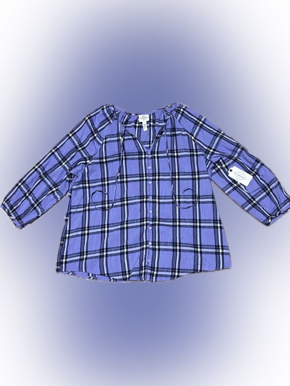 St. John’s Bay Apparel Purple Plaid Blouse with Tassels 💜🤍🖤